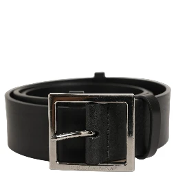 Black Leather Silver Tone Square Buckle Belt