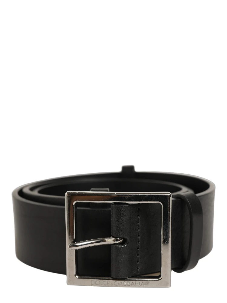 Black Leather Silver Tone Square Buckle Belt