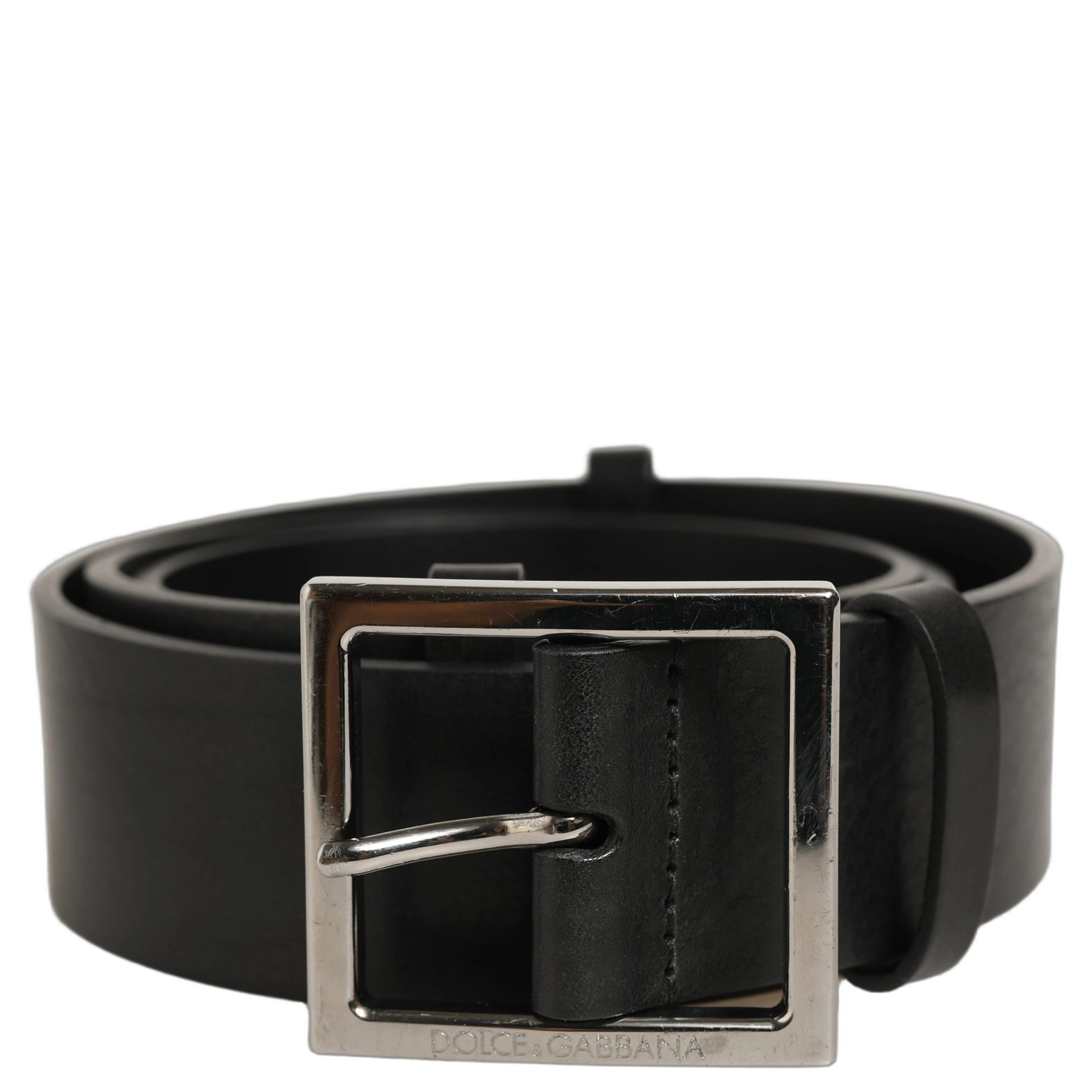 Black Leather Silver Tone Square Buckle Belt