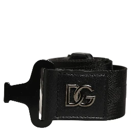 Men Black Fabric Strap Logo Metal Buckle Belt