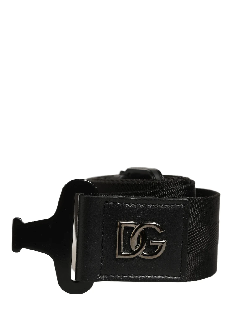 Men Black Fabric Strap Logo Metal Buckle Belt