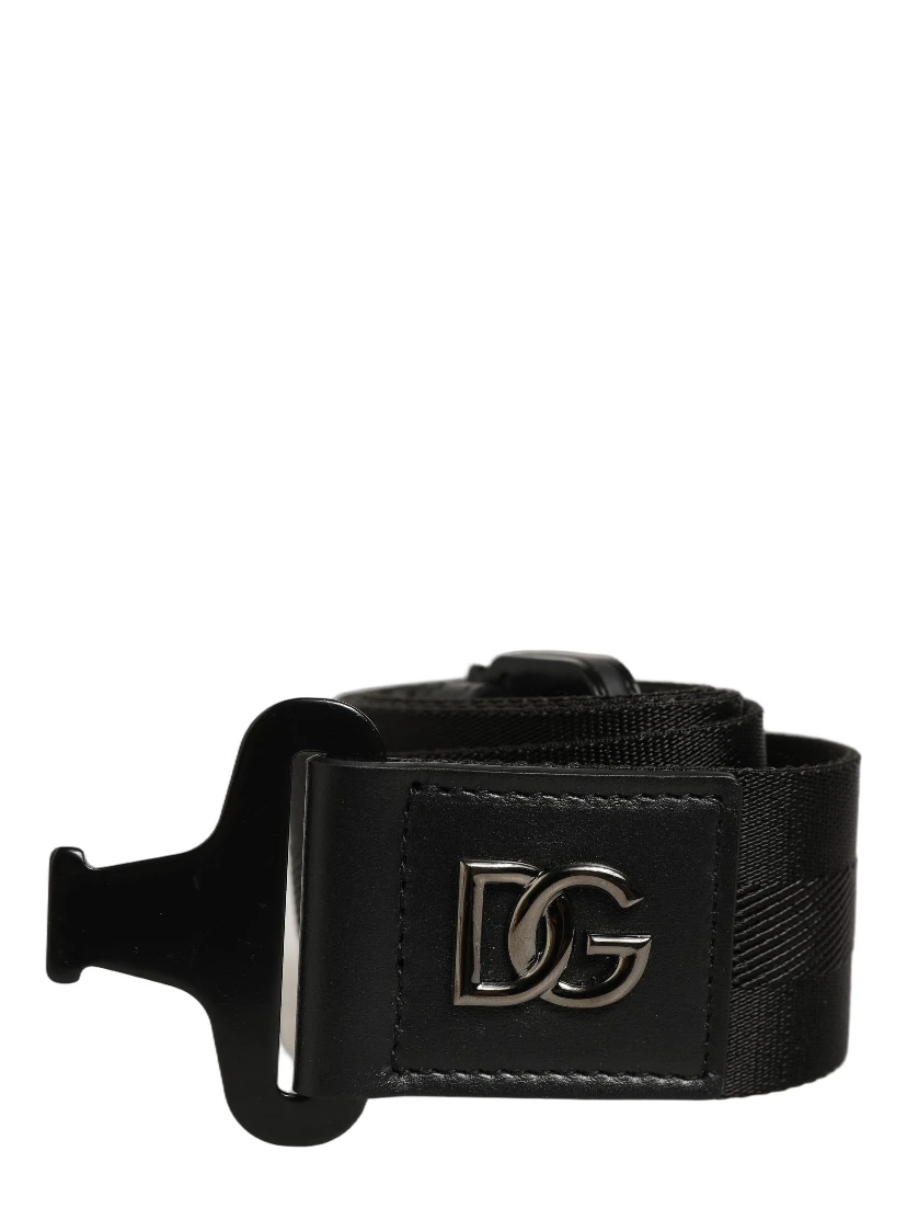 Men Black Fabric Strap Logo Metal Buckle Belt