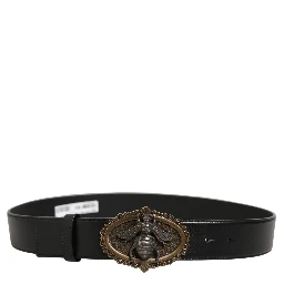 Black Leather Bee Accent Metal Buckle Belt