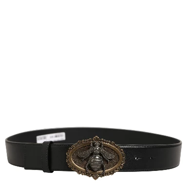 Black Leather Bee Accent Metal Buckle Belt