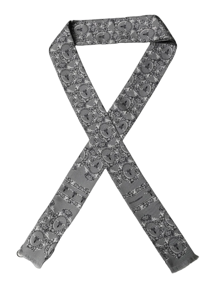 Men Gray Bee Silk Skinny Twilly Foulard Scarf