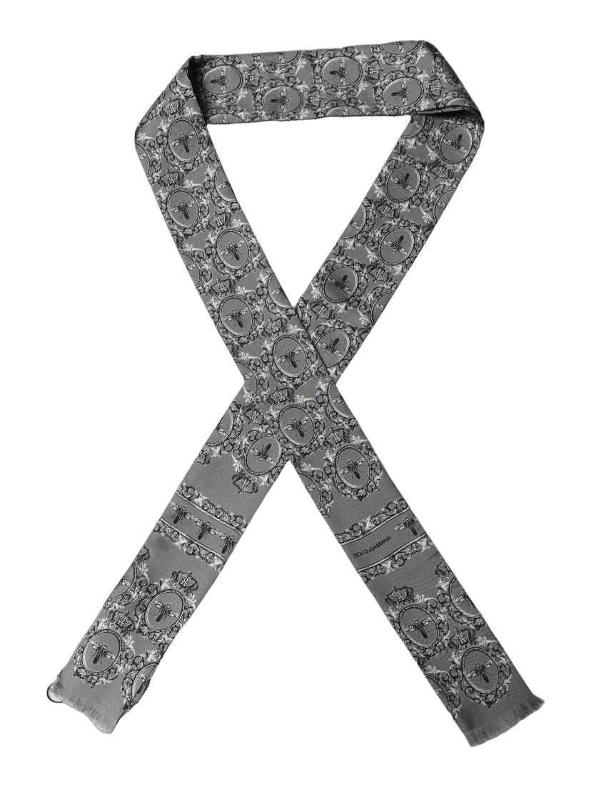 Men Gray Bee Silk Skinny Twilly Foulard Scarf