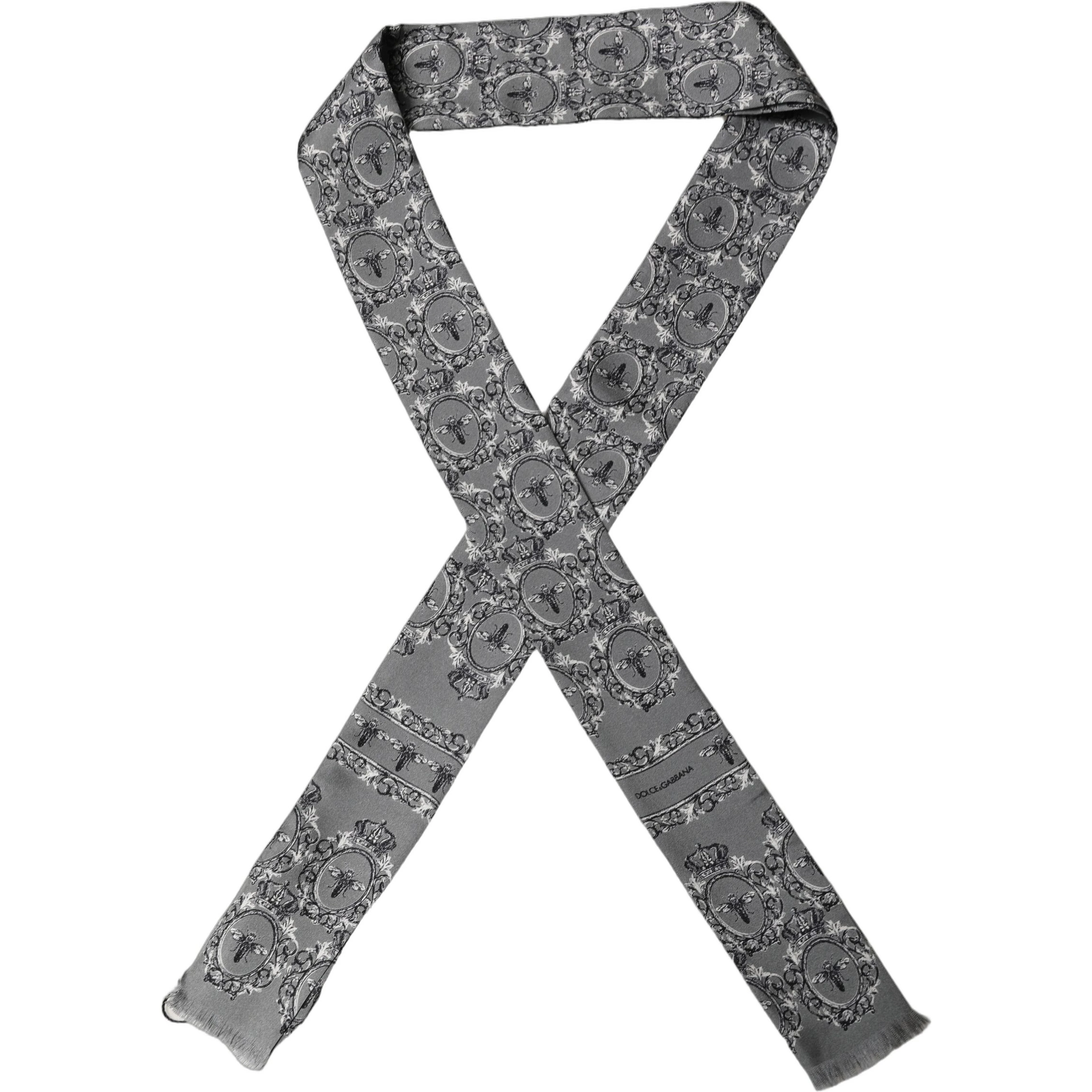 Men Gray Bee Silk Skinny Twilly Foulard Scarf
