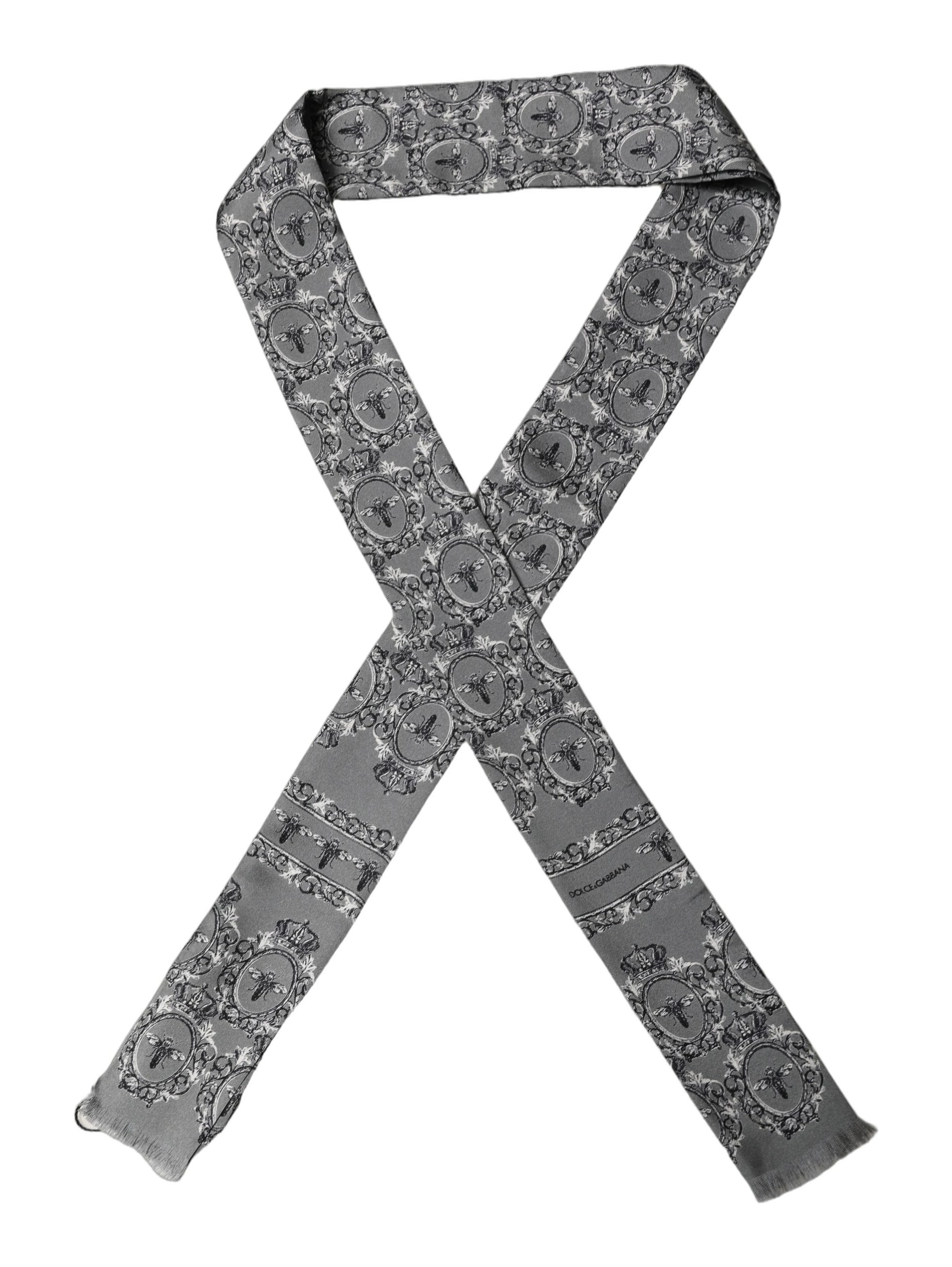Men Gray Bee Silk Skinny Twilly Foulard Scarf