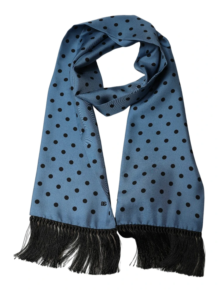 Blue Polka Dot Silk Fringed Lace Stole Scarf