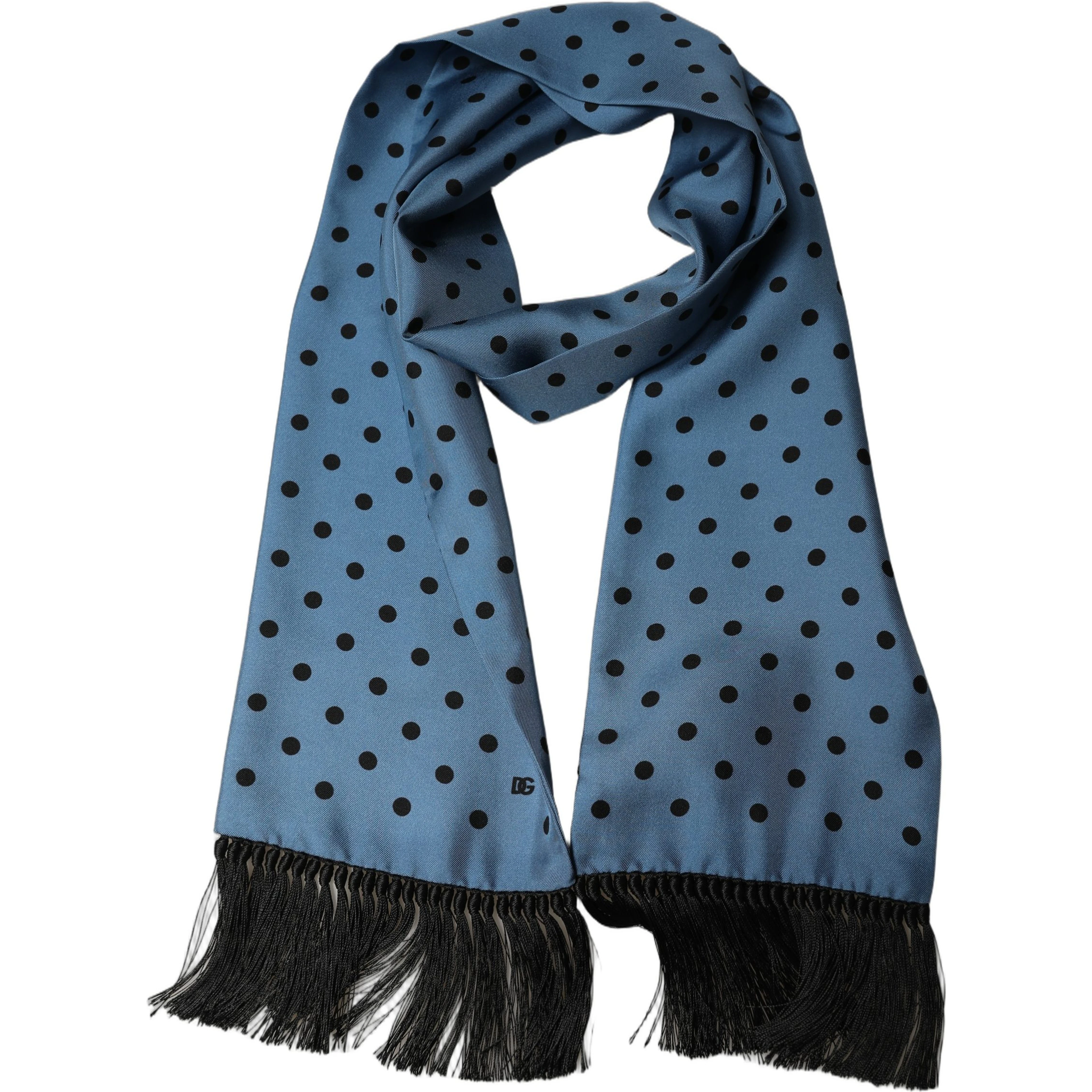 Blue Polka Dot Silk Fringed Lace Stole Scarf