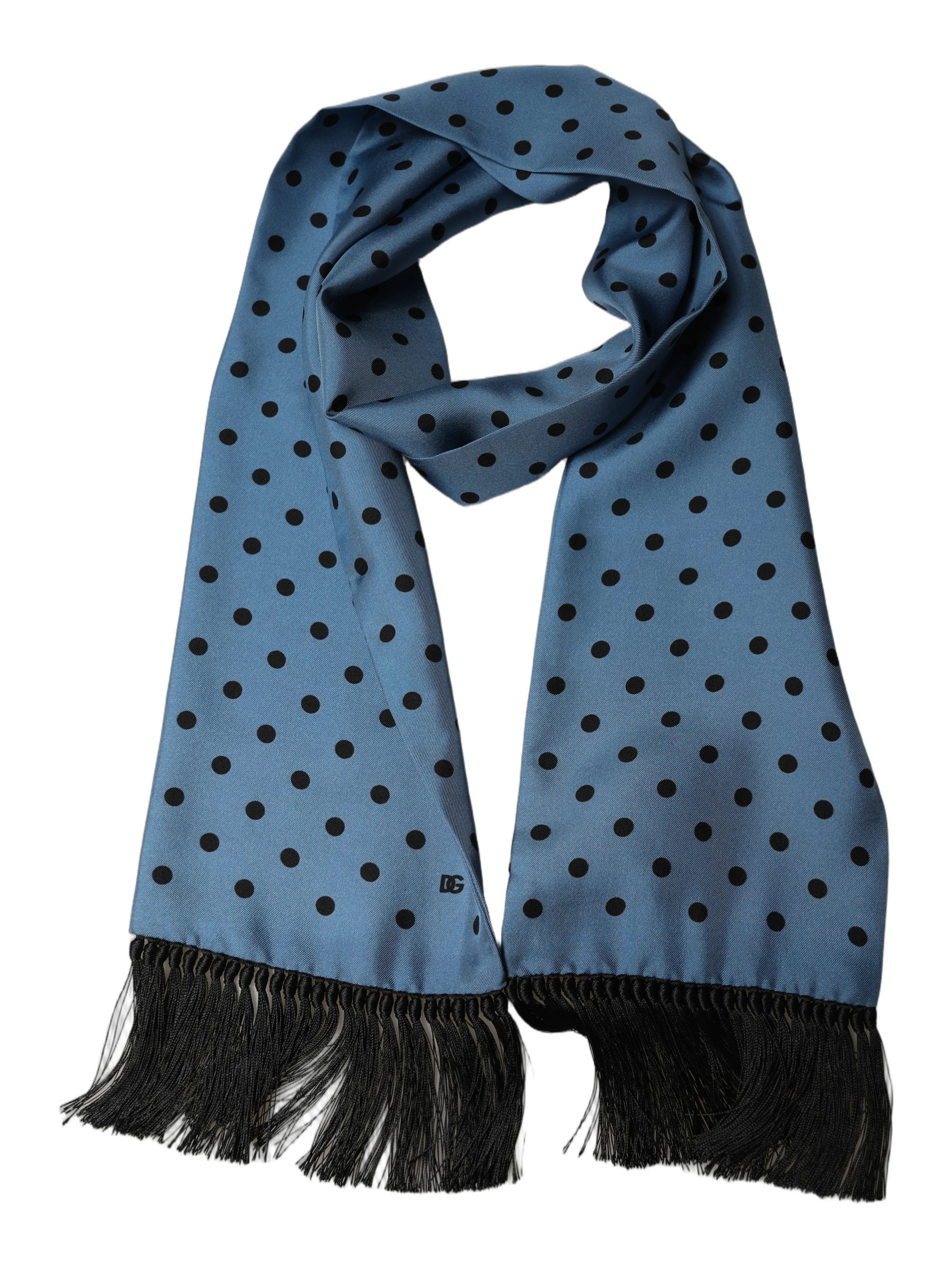 Blue Polka Dot Silk Fringed Lace Stole Scarf
