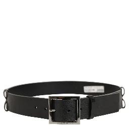 Black Leather Silver Tone Square Buckle Belt