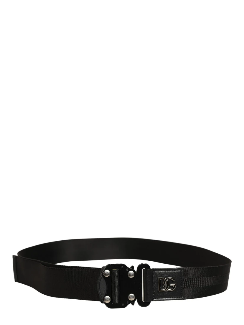 Men Black Fabric Strap Logo Metal Buckle Belt