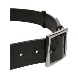 Black Leather Silver Tone Square Buckle Belt