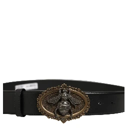 Black Leather Bee Accent Metal Buckle Belt