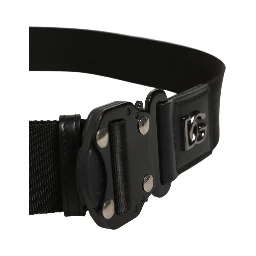 Men Black Fabric Strap Logo Metal Buckle Belt