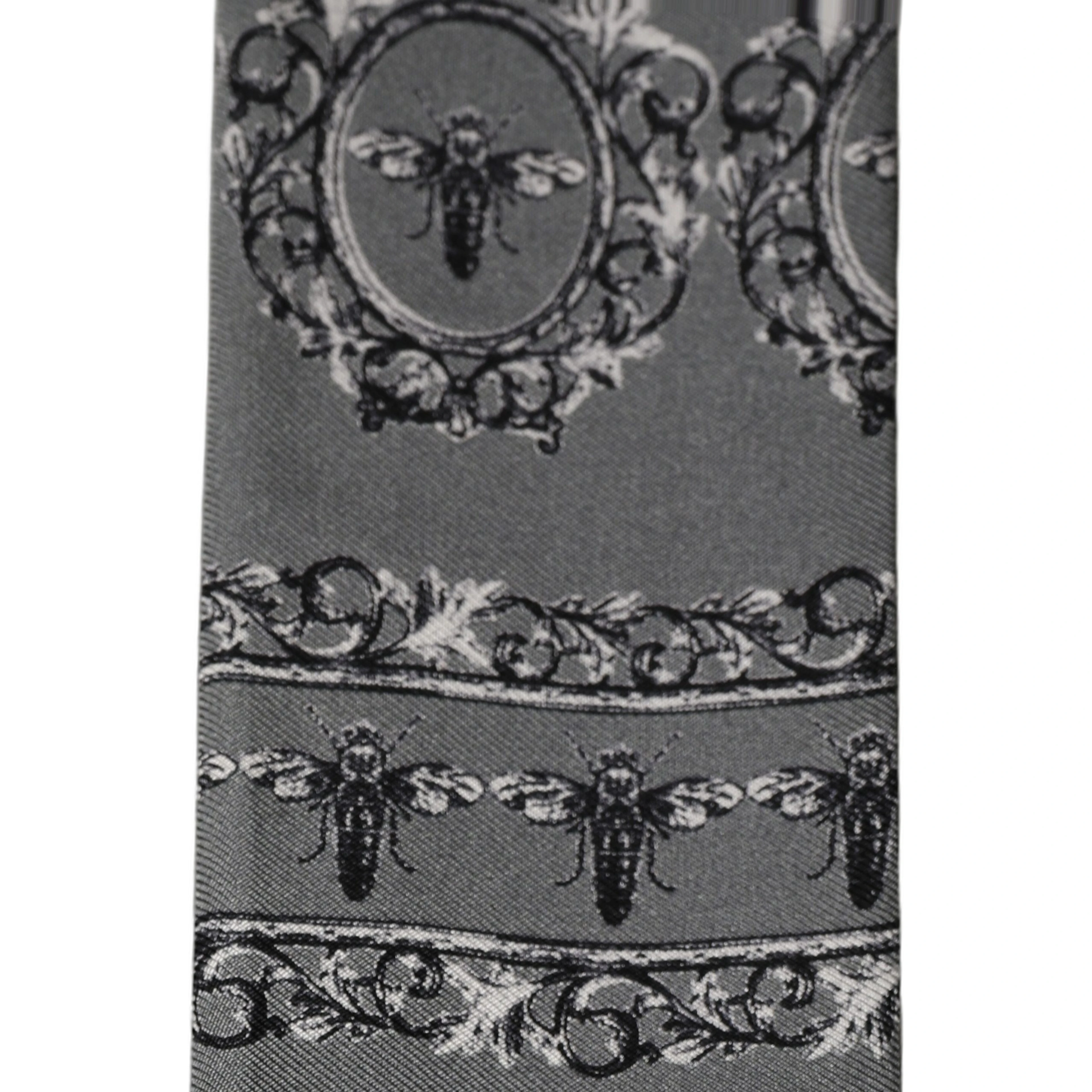 Men Gray Bee Silk Skinny Twilly Foulard Scarf