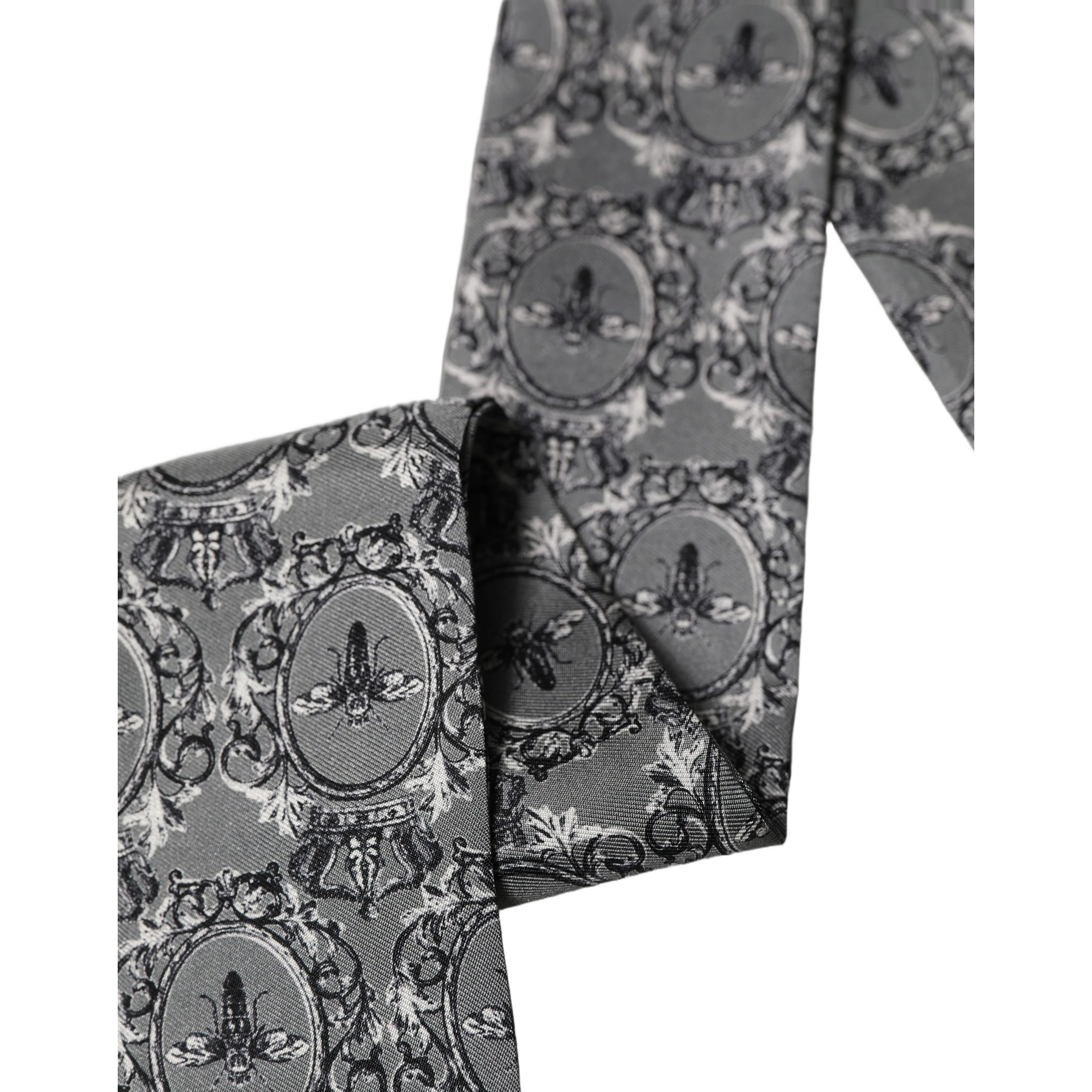 Men Gray Bee Silk Skinny Twilly Foulard Scarf