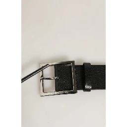Black Leather Silver Tone Square Buckle Belt