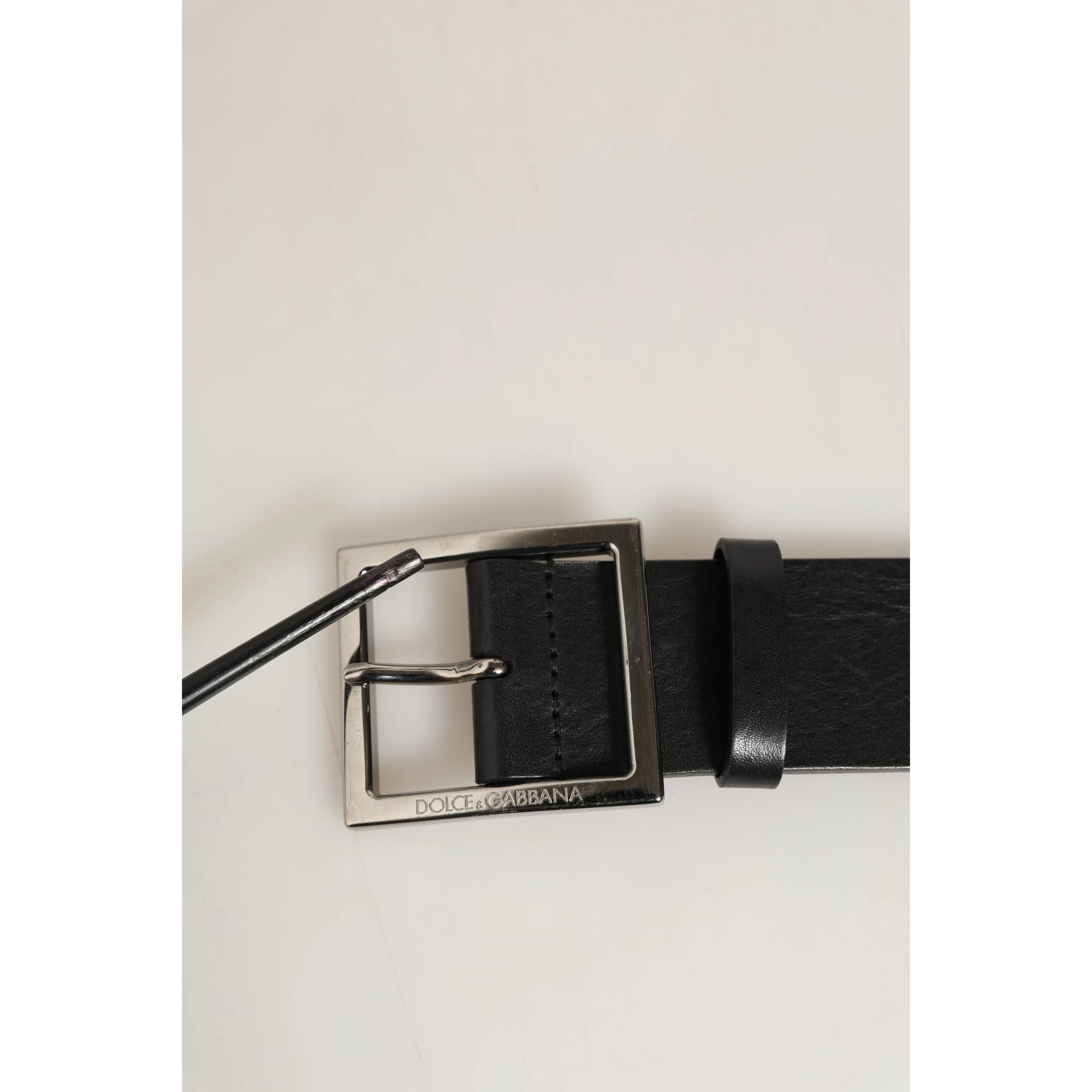 Black Leather Silver Tone Square Buckle Belt