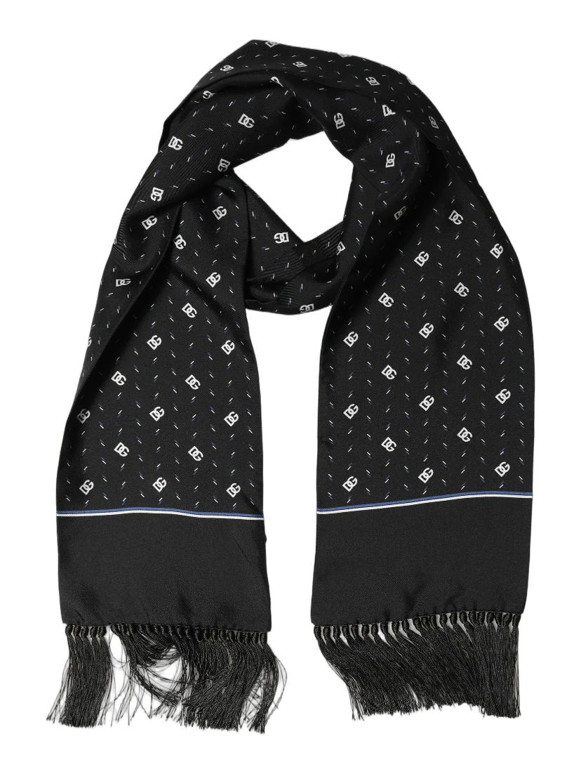 Black Silk DG Logo Men Fringed Shawl Scarf