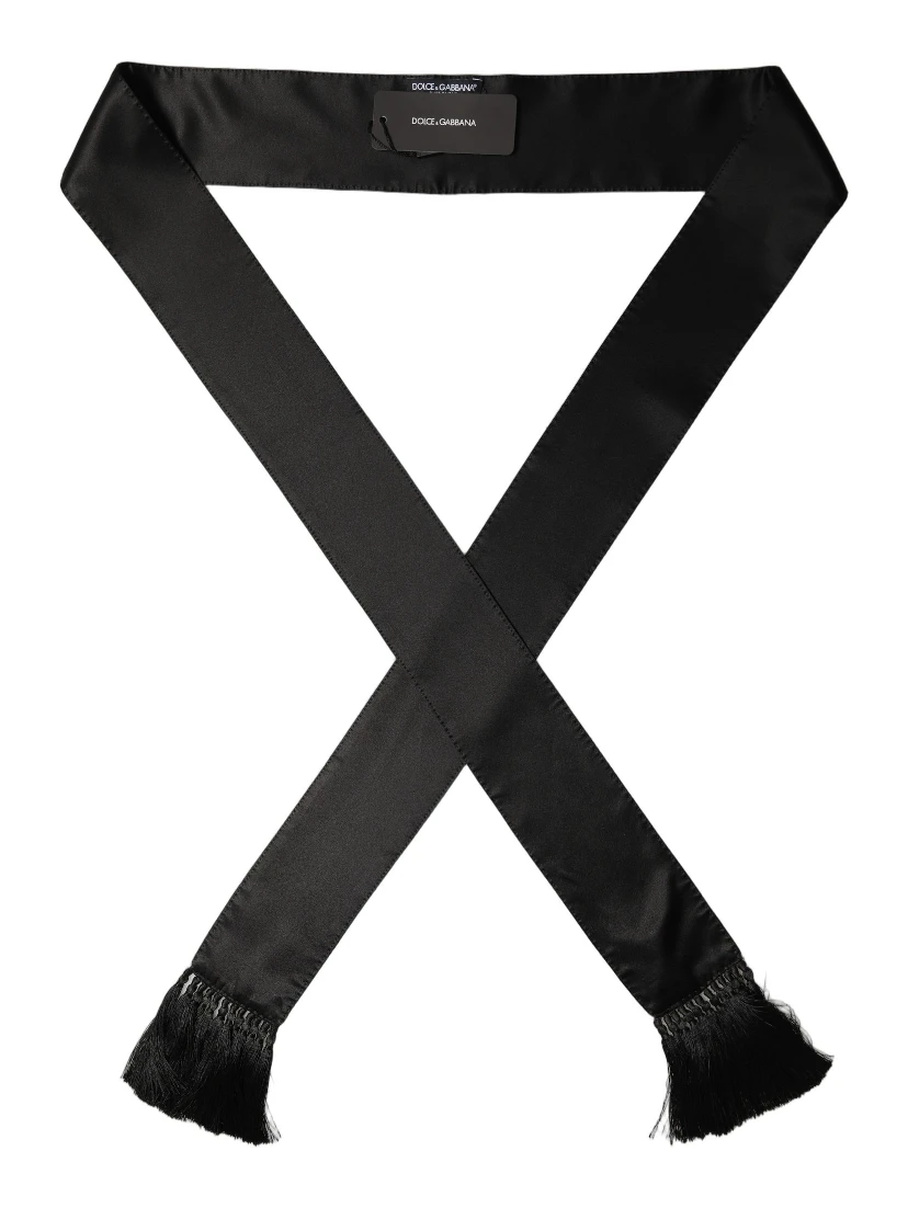 Black Satin Silk Skinny Fringed Shawl Scarf
