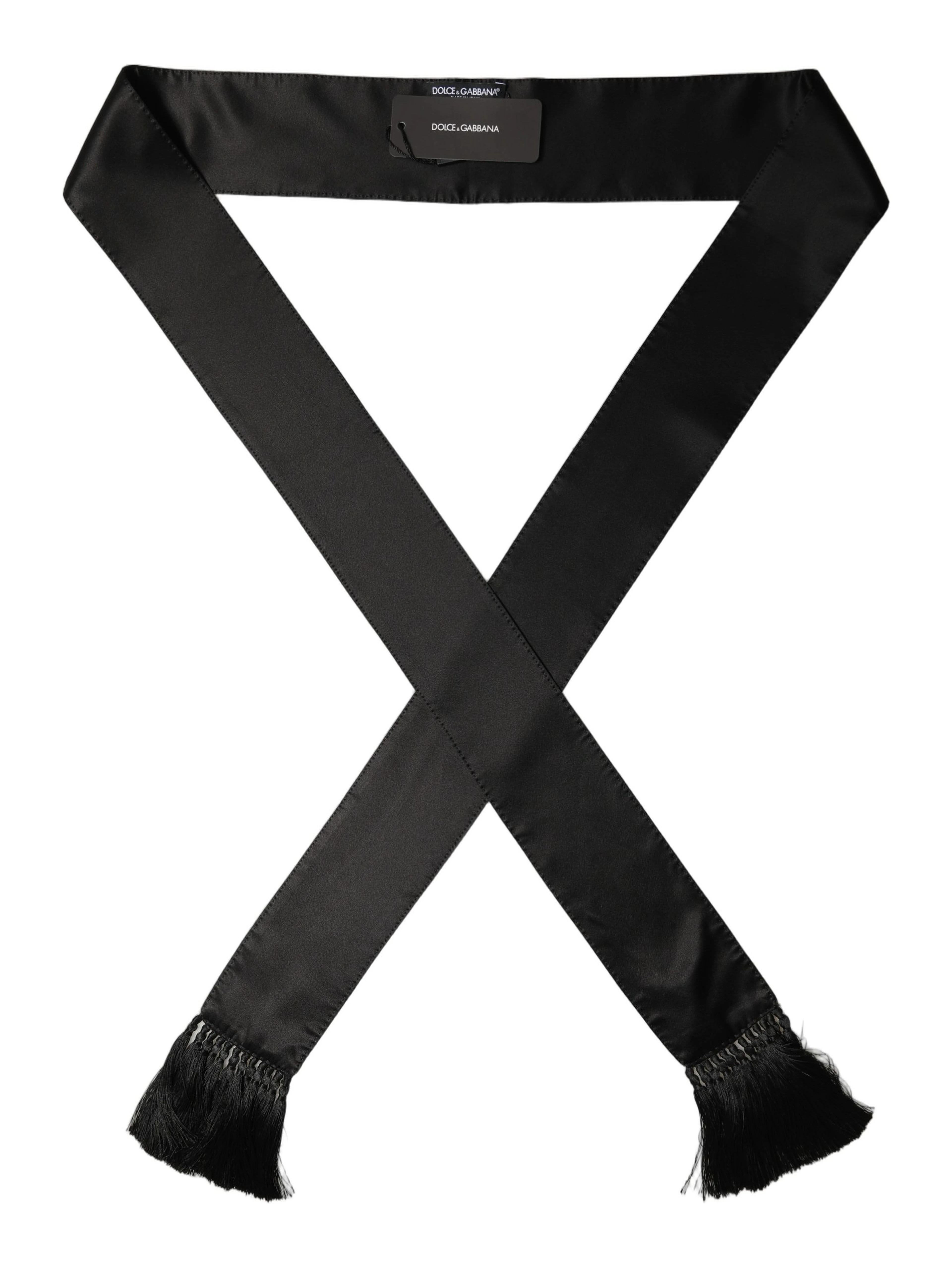 Black Satin Silk Skinny Fringed Shawl Scarf