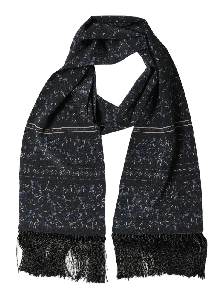 Blue Floral Silk Fringed Neck Shaw Scarf