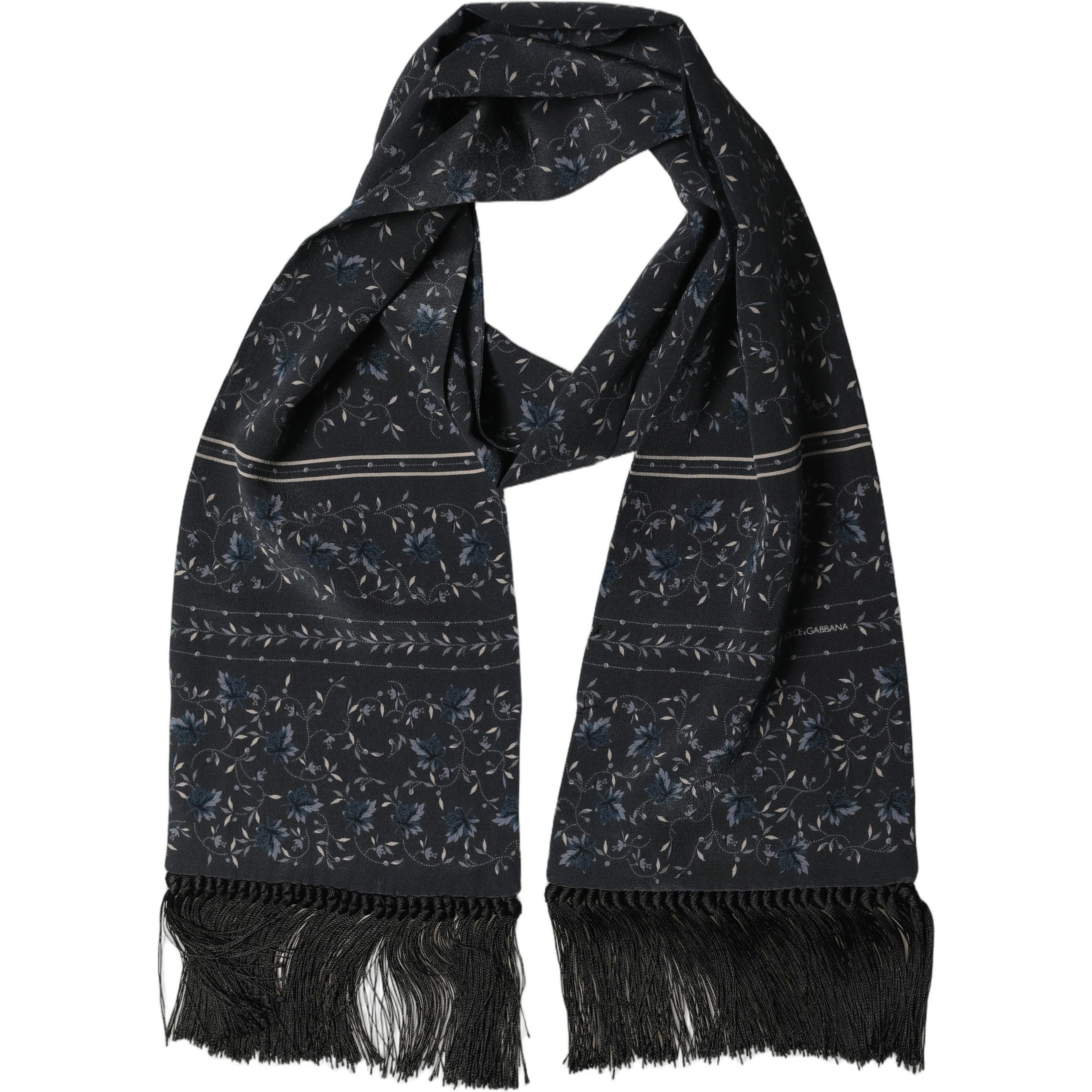 Blue Floral Silk Fringed Neck Shaw Scarf