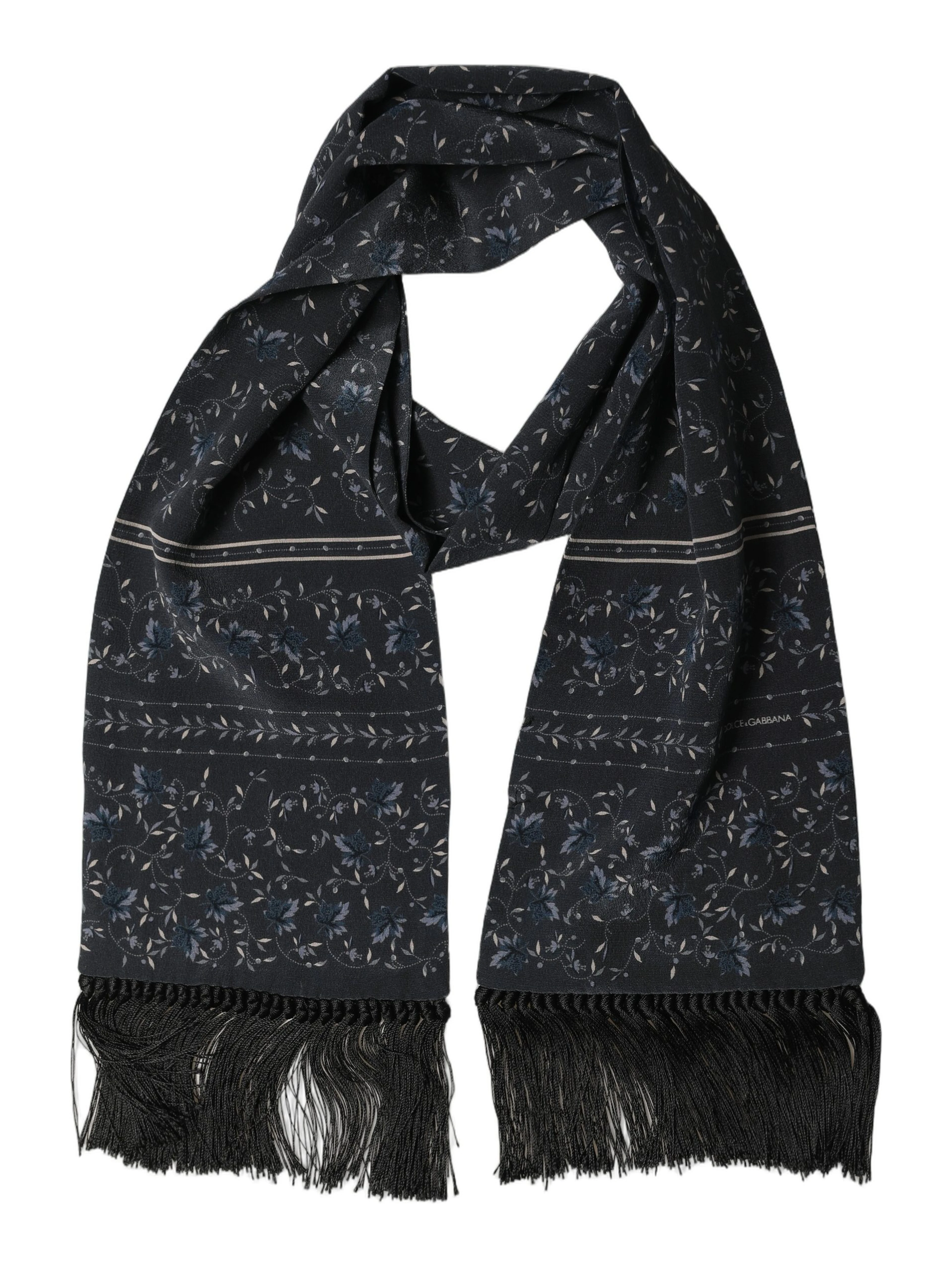 Blue Floral Silk Fringed Neck Shaw Scarf