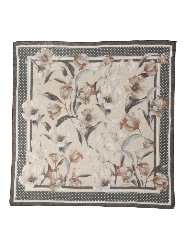 Men Beige Floral Linen Square Foulard Scarf