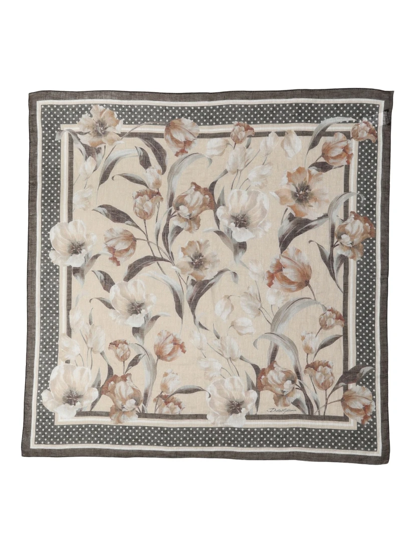 Men Beige Floral Linen Square Foulard Scarf