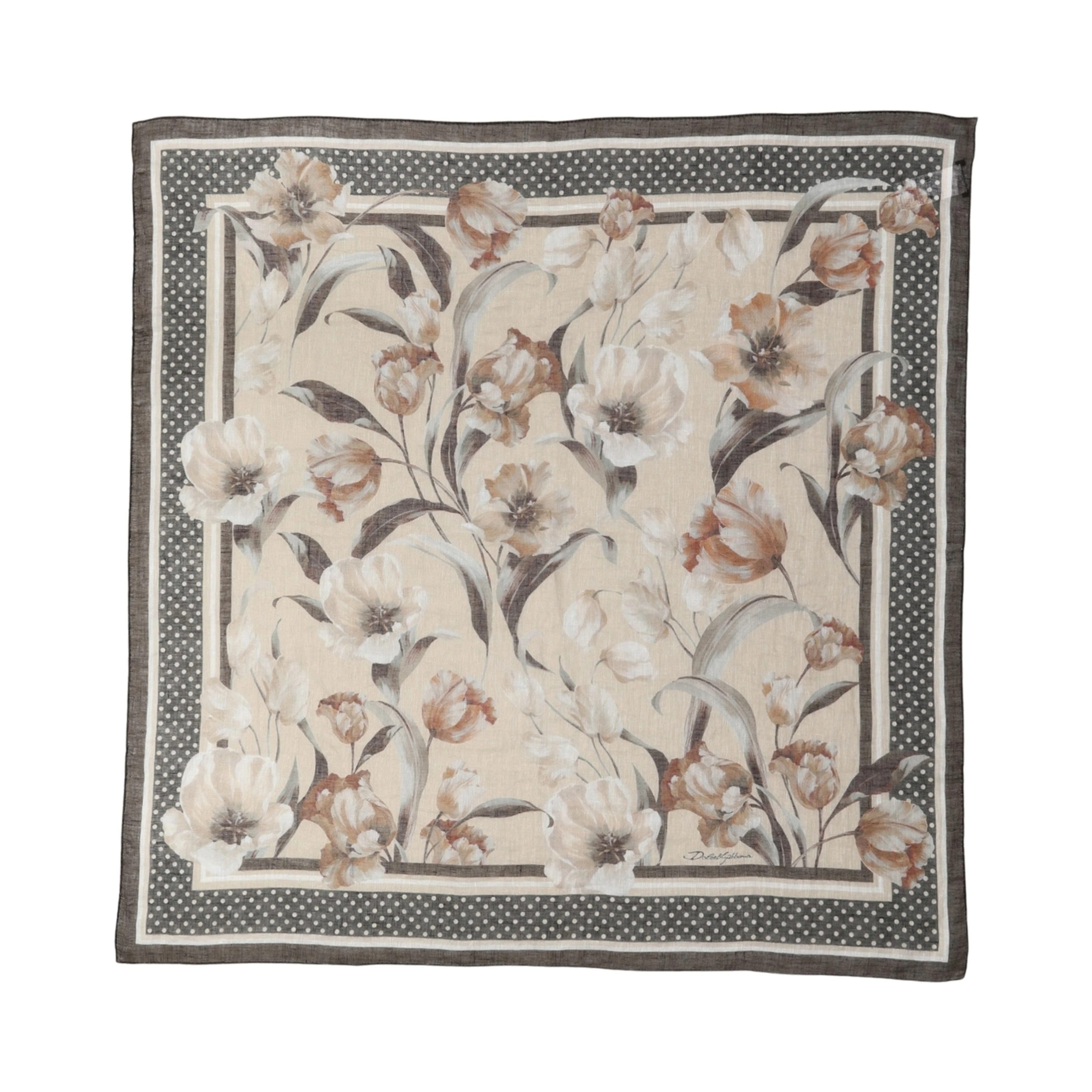 Men Beige Floral Linen Square Foulard Scarf