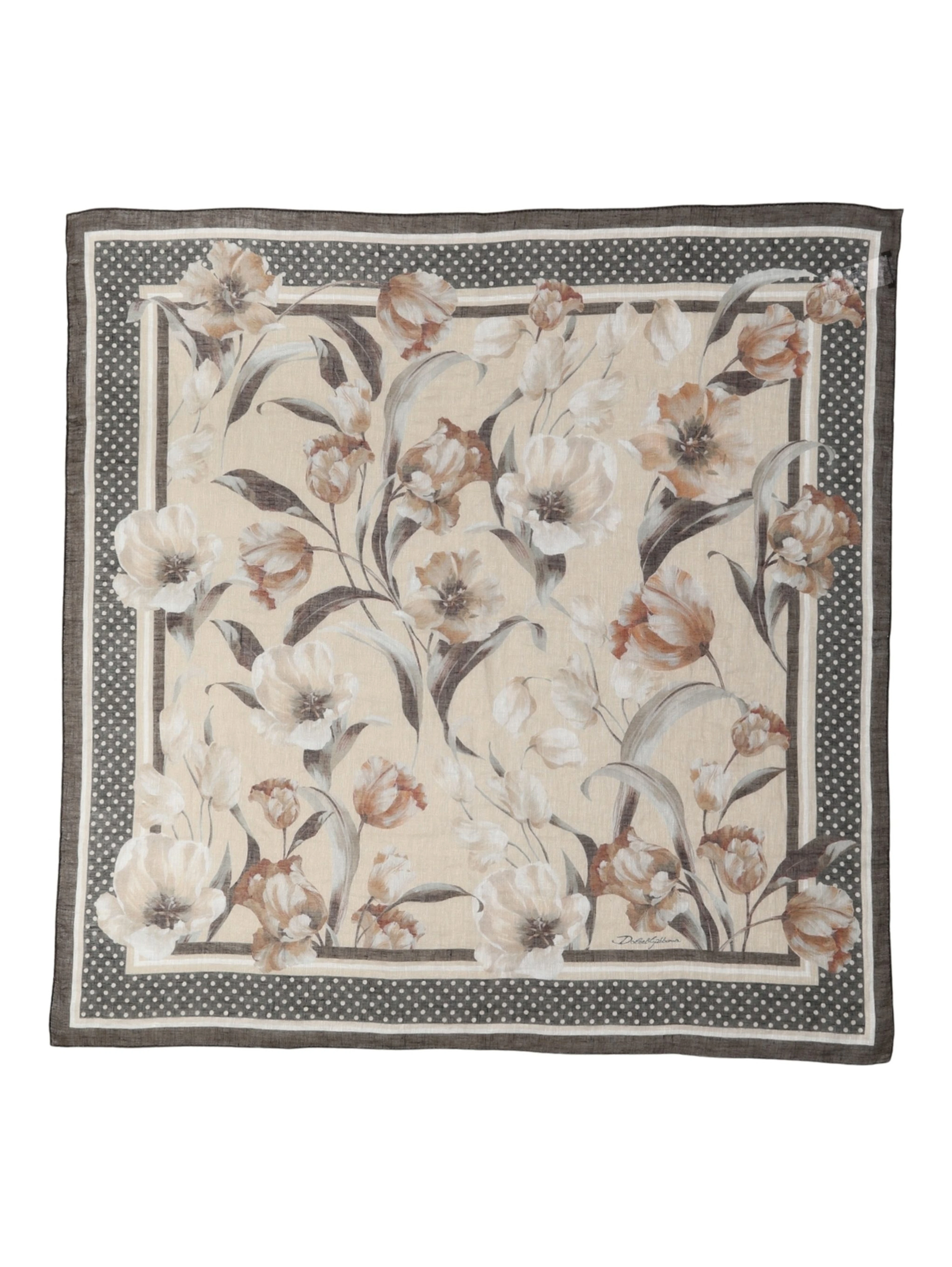 Men Beige Floral Linen Square Foulard Scarf