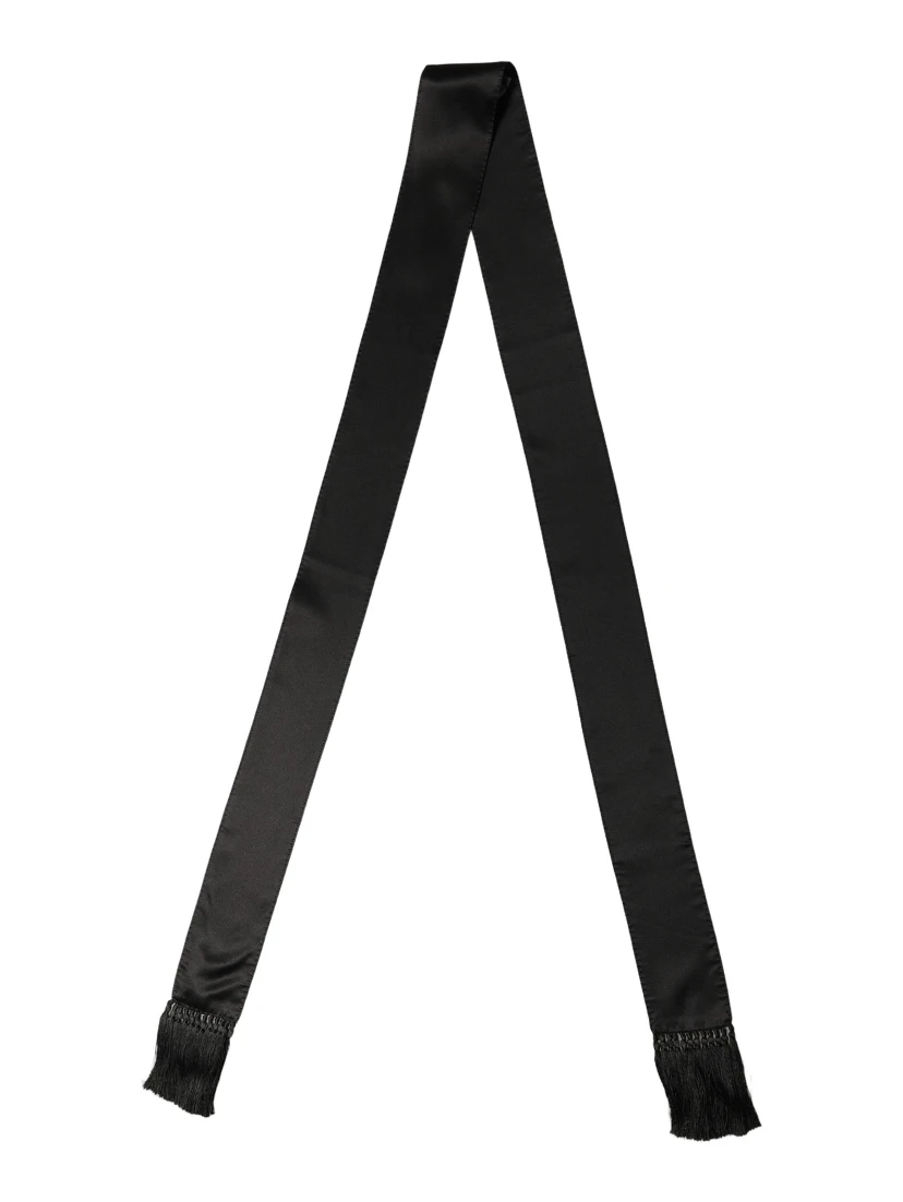 Black Satin Silk Skinny Fringed Shawl Scarf