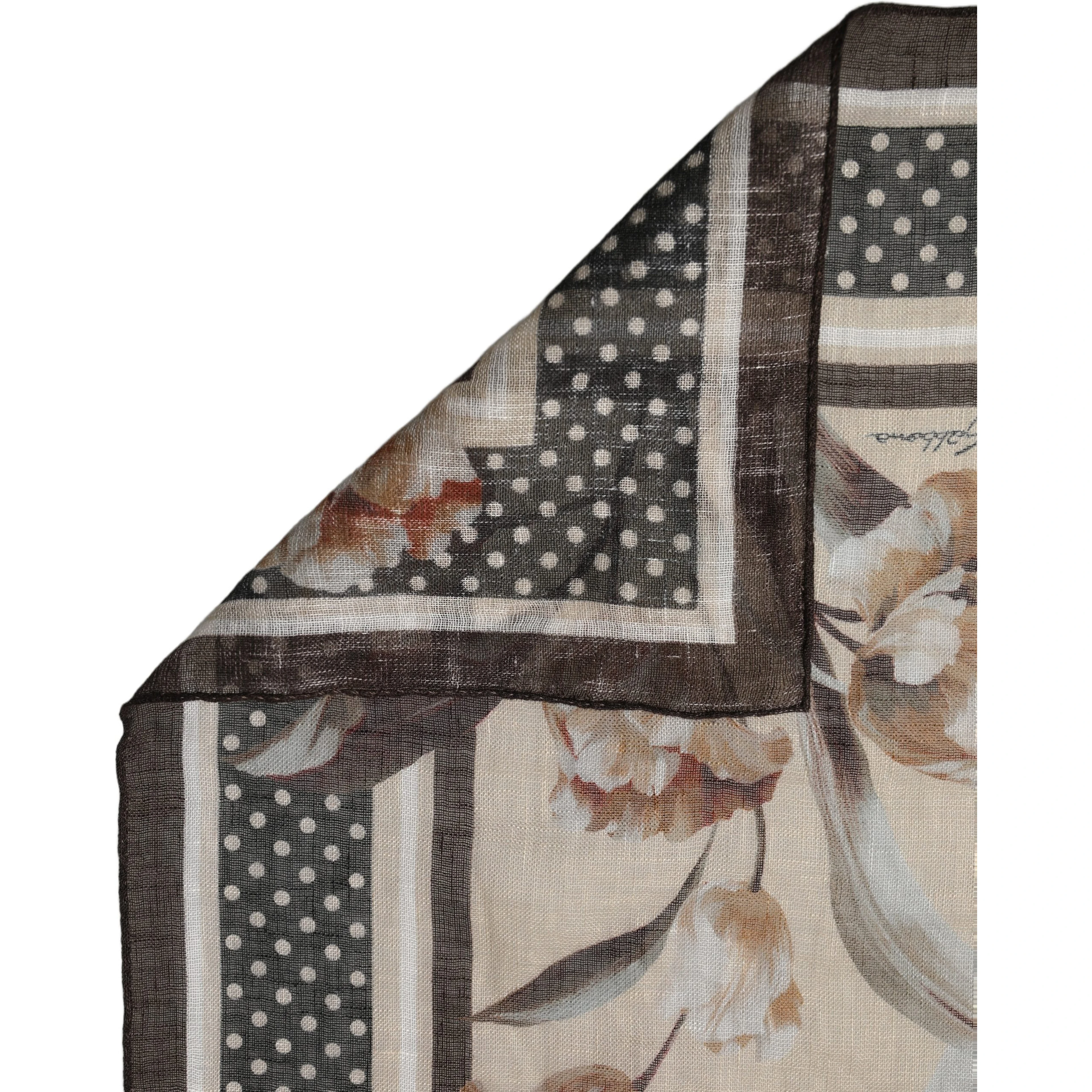 Men Beige Floral Linen Square Foulard Scarf
