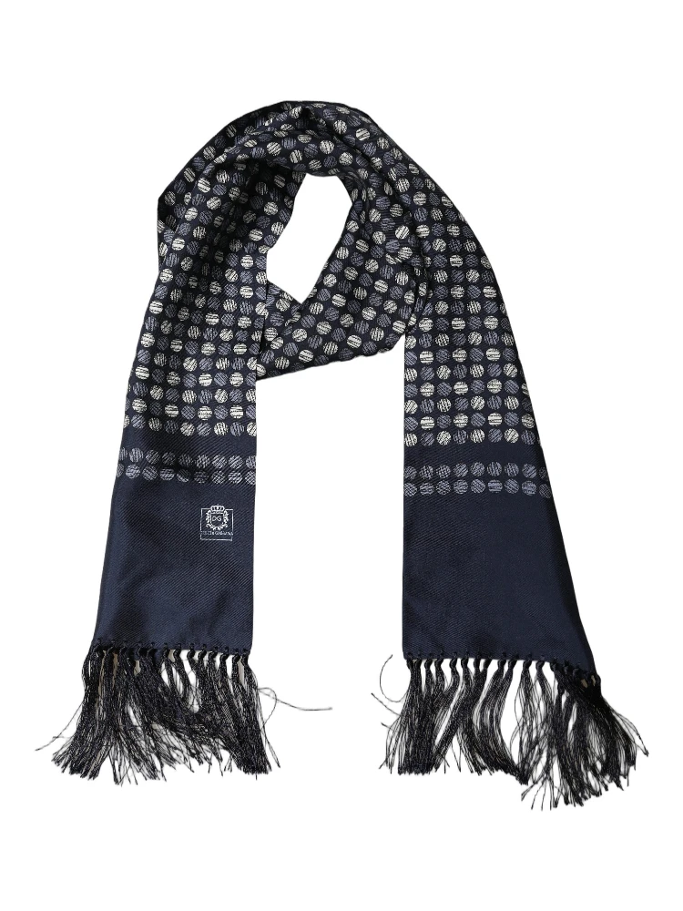 Men Navy Blue Geometric Dot Silk Fringed Neck Shawl Scarf