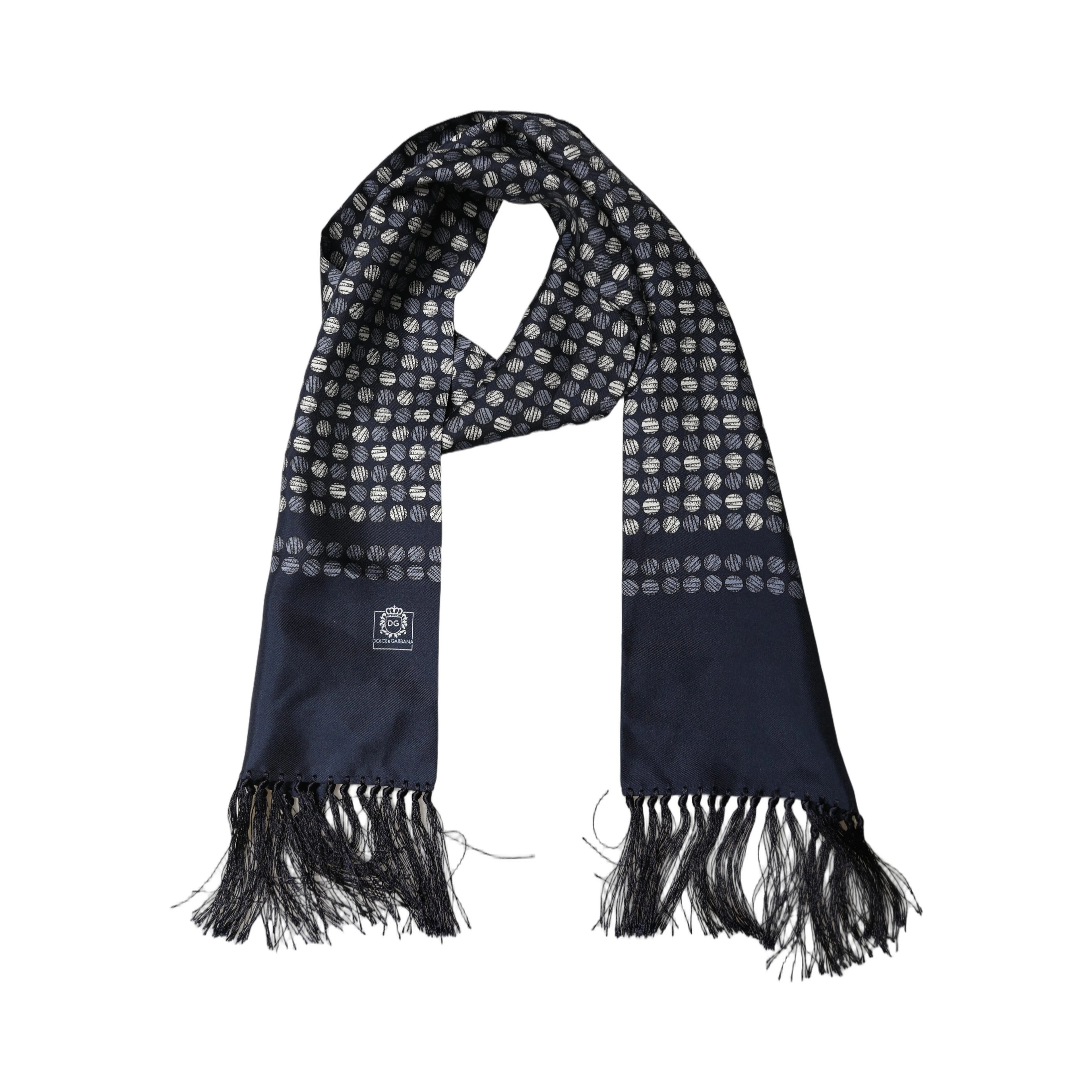 Men Navy Blue Geometric Dot Silk Fringed Neck Shawl Scarf