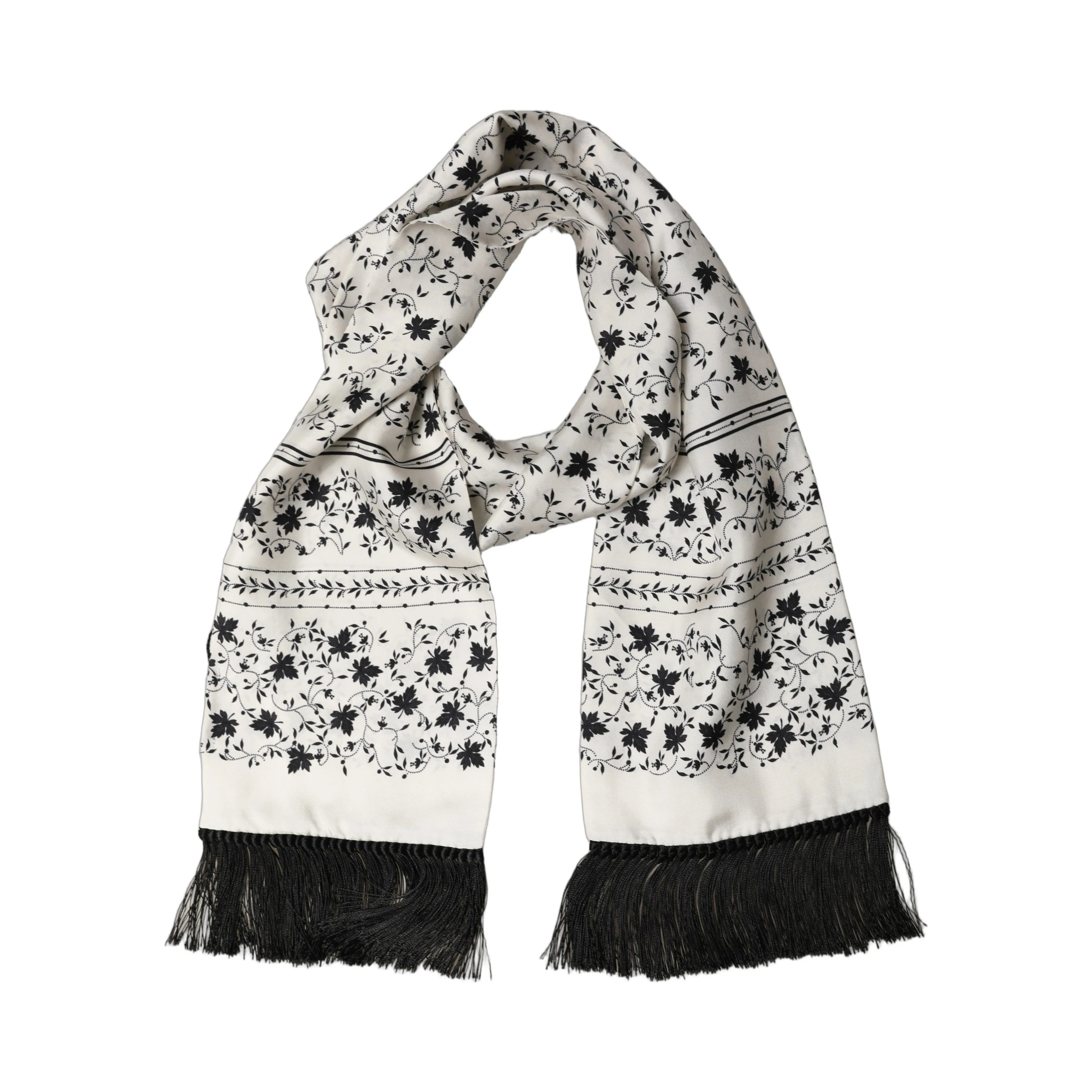 White Floral Silk Fringed Neck Shawl Scarf