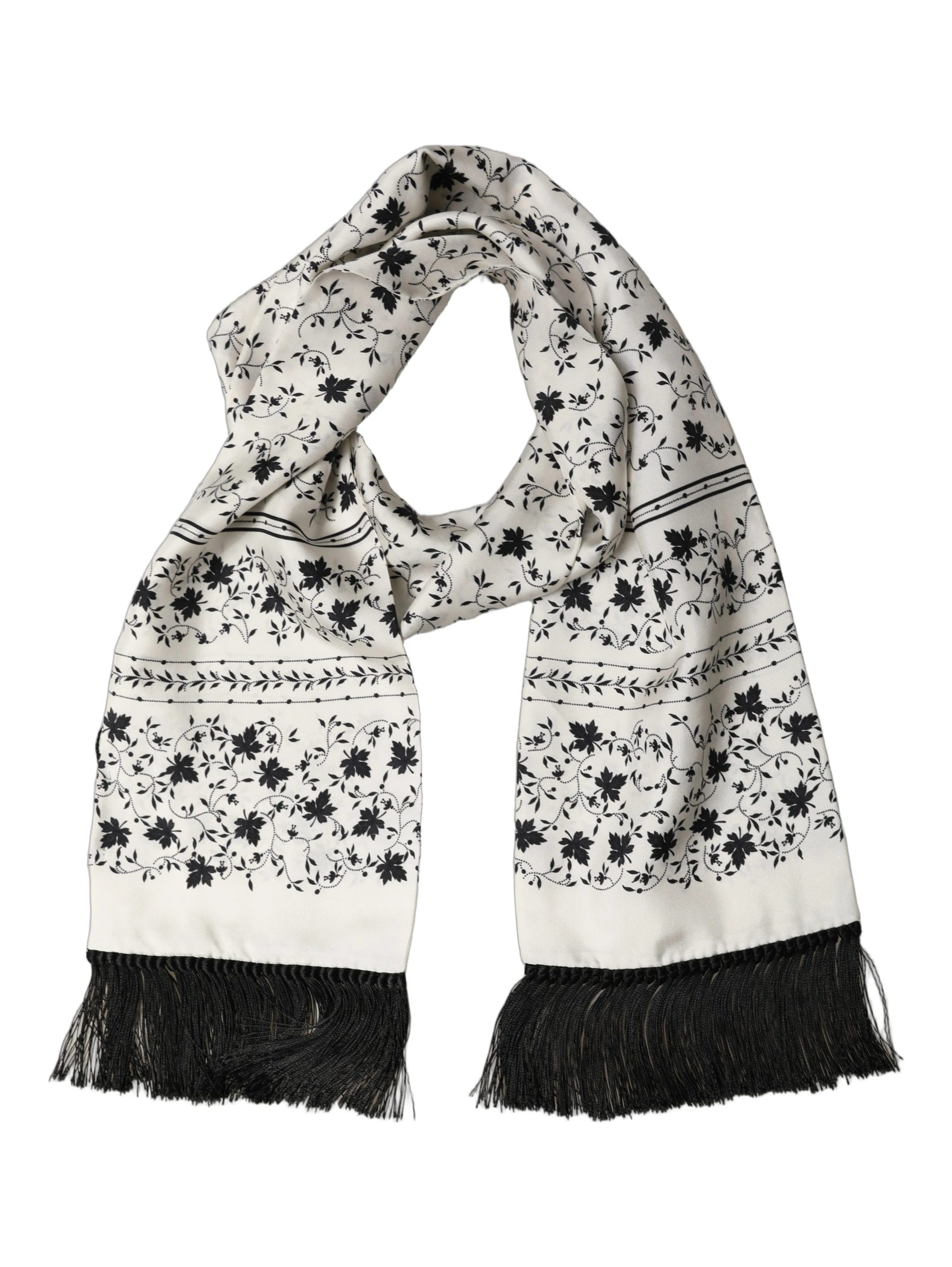 White Floral Silk Fringed Neck Shawl Scarf