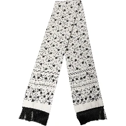 White Floral Silk Fringed Neck Shawl Scarf