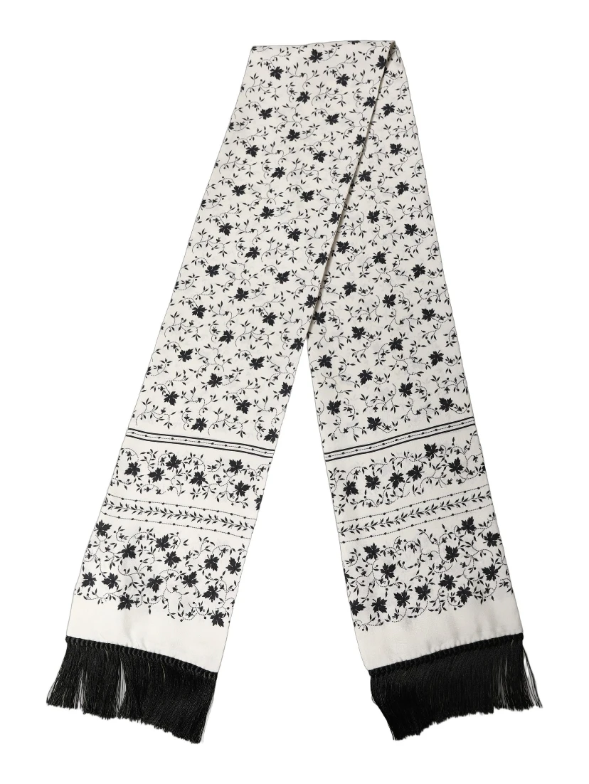 White Floral Silk Fringed Neck Shawl Scarf
