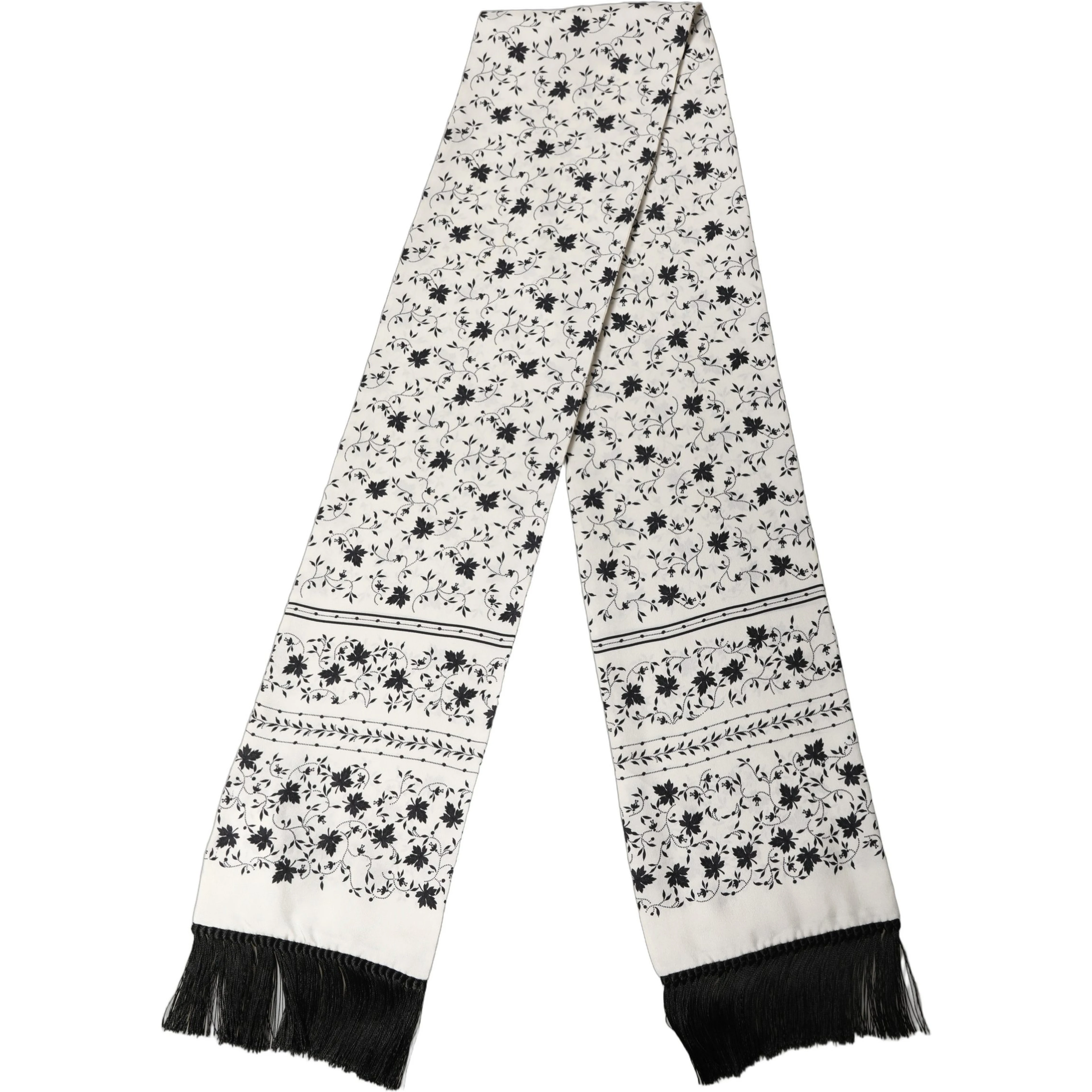 White Floral Silk Fringed Neck Shawl Scarf