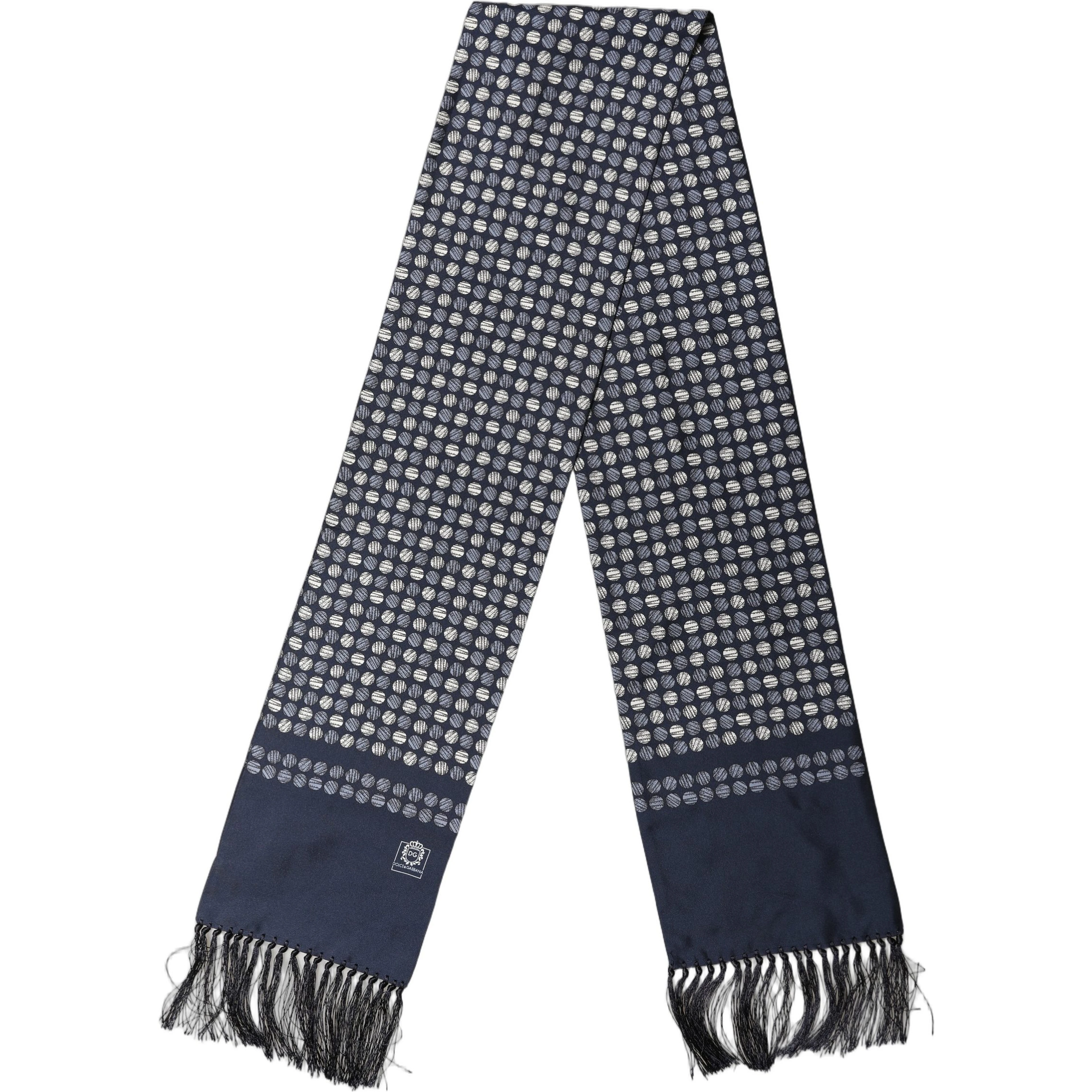 Men Navy Blue Geometric Dot Silk Fringed Neck Shawl Scarf