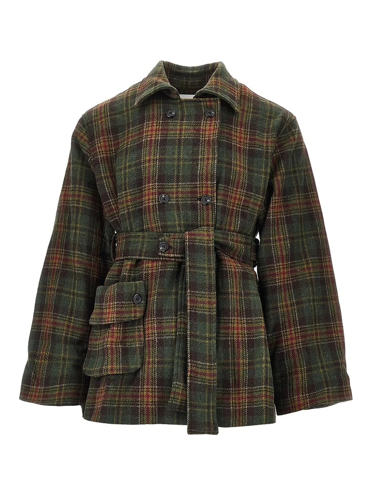 Check wool double-breasted coat