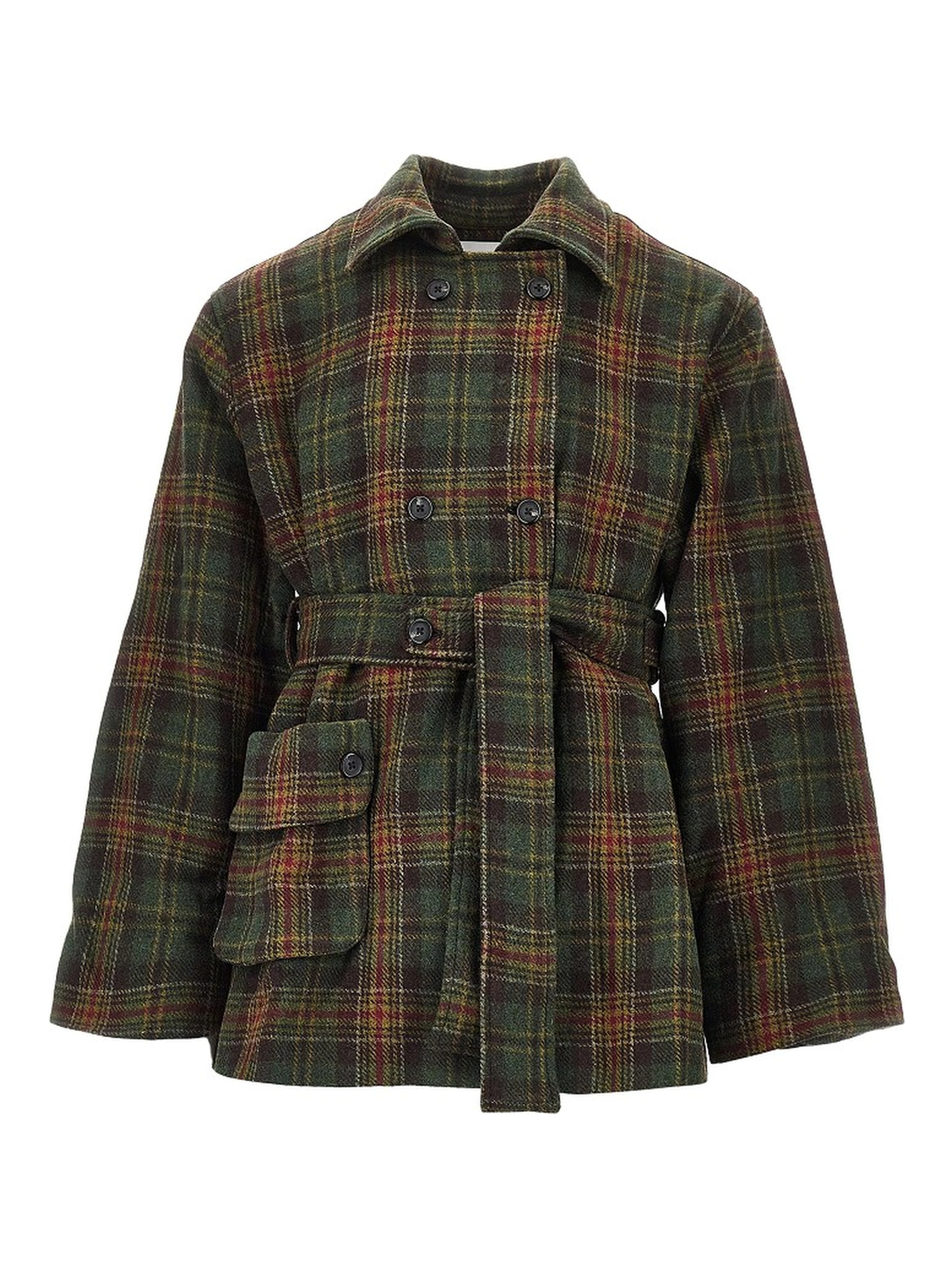 Check wool double-breasted coat