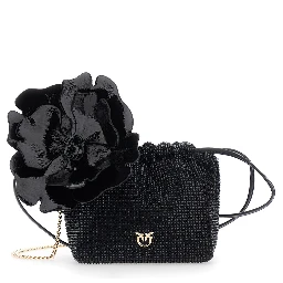 Crossbody bag with Rhinestones and Black Leather Flower for Women