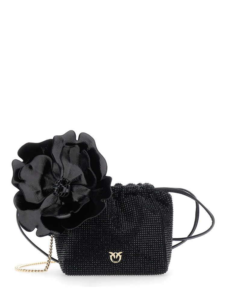 Crossbody bag with Rhinestones and Black Leather Flower for Women