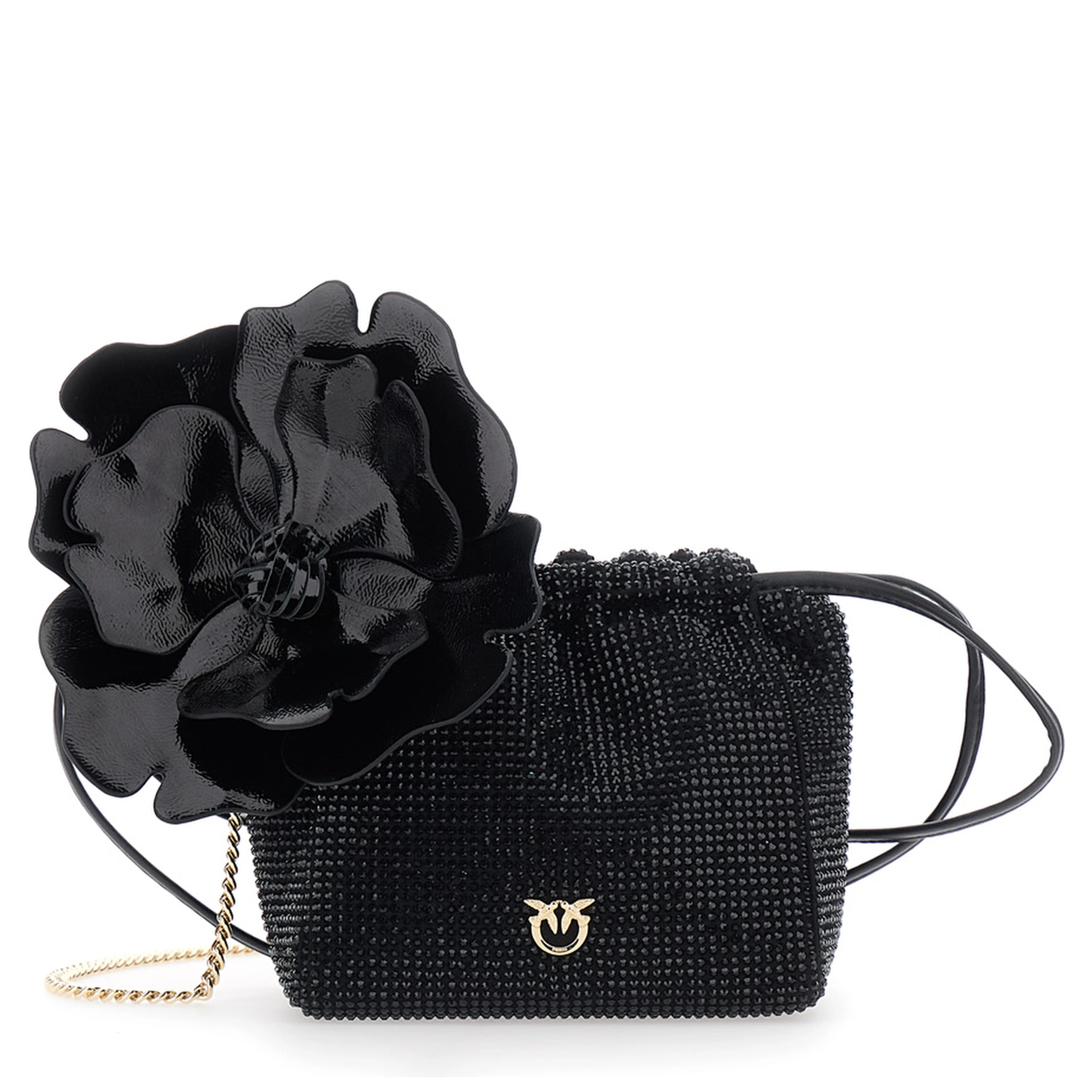 Crossbody bag with Rhinestones and Black Leather Flower for Women