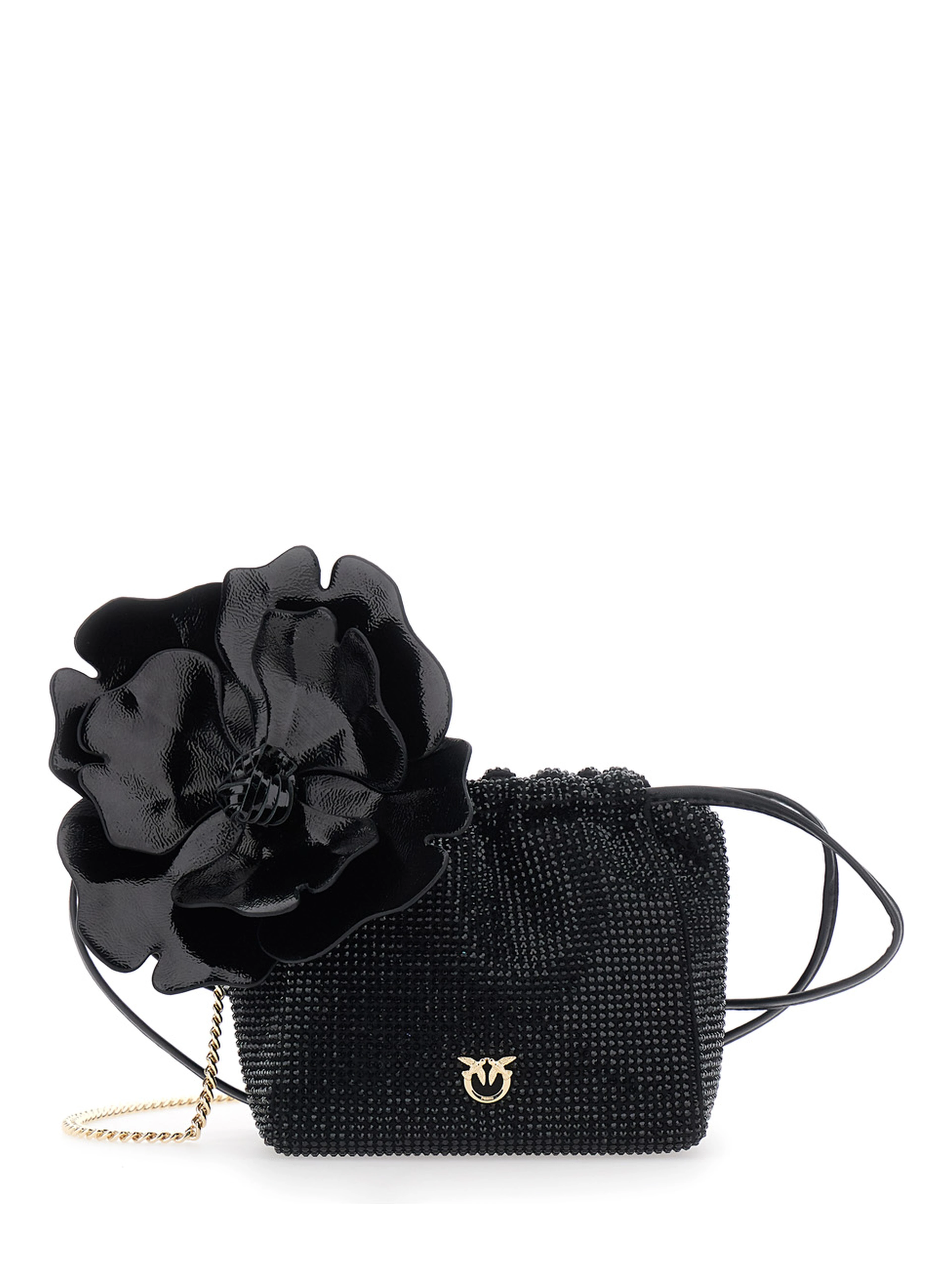 Crossbody bag with Rhinestones and Black Leather Flower for Women